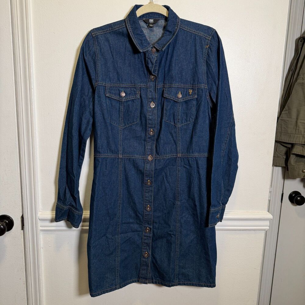Frye Denim Shirt Dress L Dark Wash Long Sleeve Western Button Front Jean